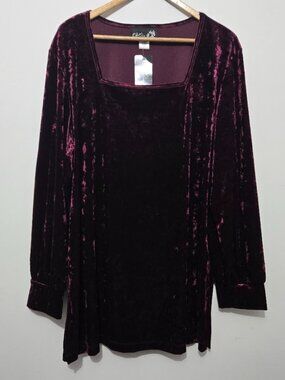 NWT Womens Deep Pink Velvet Tunic Top Size 2X Square Neck Long Sleeve Party Chic